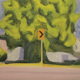 painting of a large tree with diversion sign