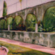 painting of angled retaining wall with bushes